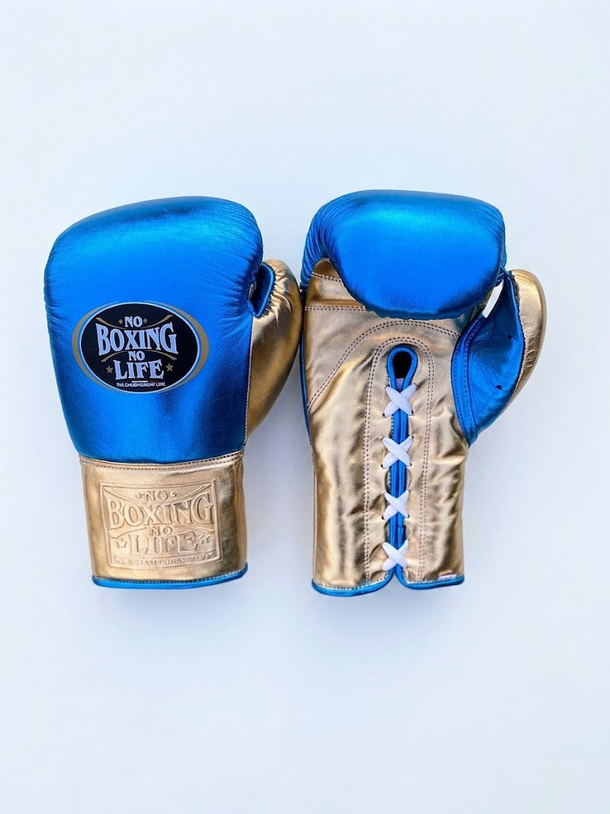 No Boxing No Life lace-up gloves, headgear and groin guard split in metallic royal blue and gold - alternate angle