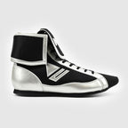 Close-up of the black mesh upper and silver-white trim on the Winning RS-100 boxing shoe