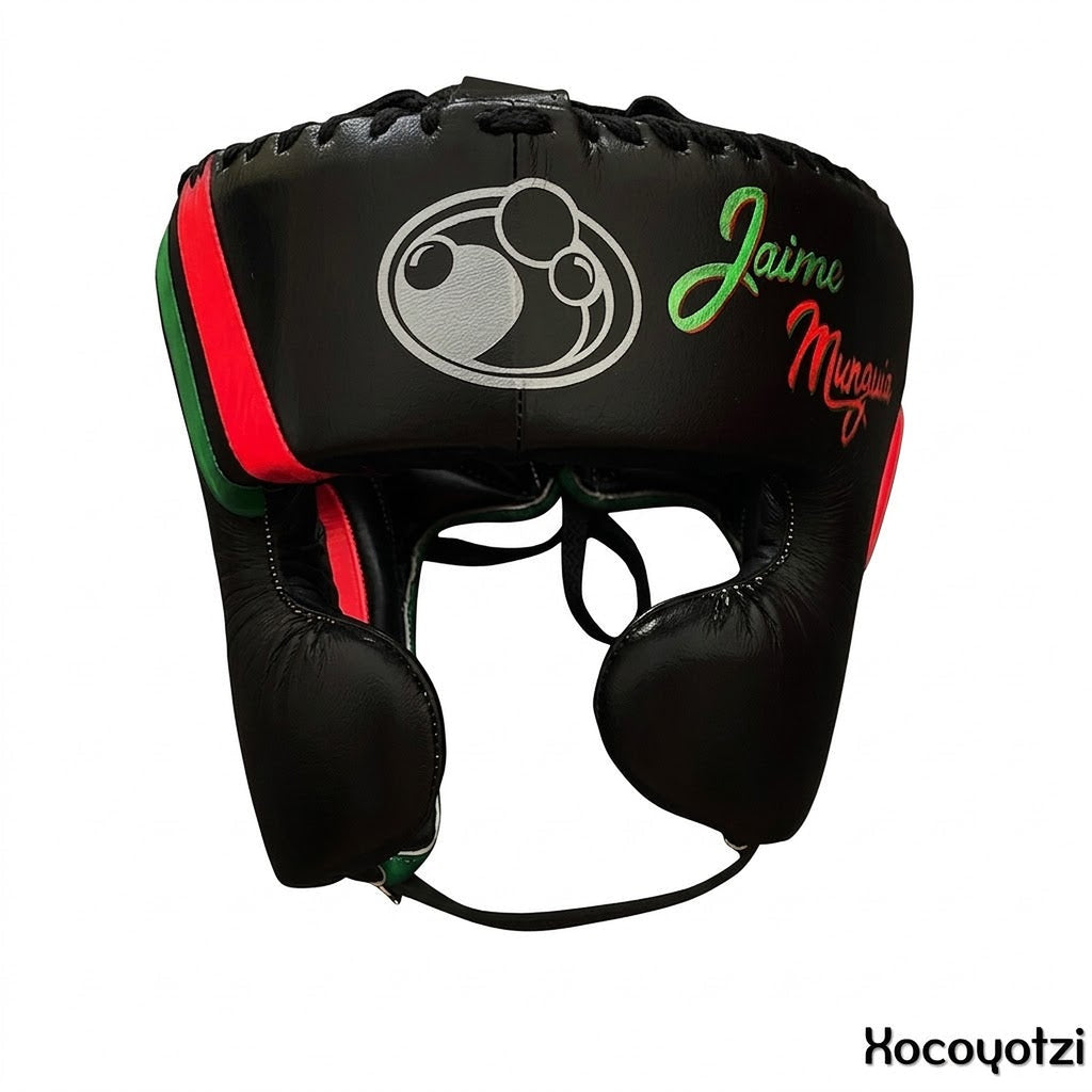 Grant black lace-up gloves, headgear and groin guard with green and red tricolor trim - alternate angle