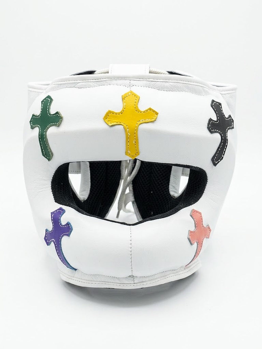 Winning white boxing set with multicolor cross patches on lace-up gloves, headgear and groin guard - alternate angle