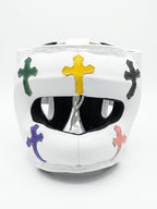 Winning white boxing set with multicolor cross patches on lace-up gloves, headgear and groin guard - alternate angle