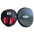 Winning black curved focus mitts shown with red hand grip on the palm side, sold as a pair