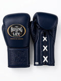 No Boxing No Life all-navy lace-up boxing gloves with contrasting white laces down the cuff