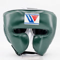 Winning boxing headgear in deep forest green with padded cheek protectors and an open face design
