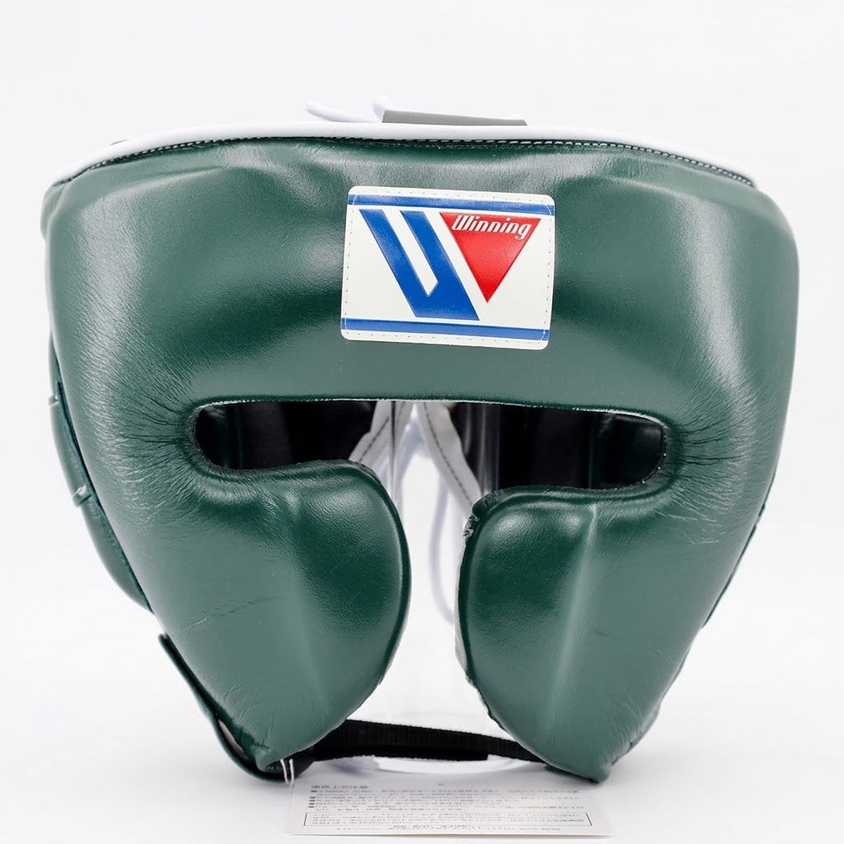 Winning boxing headgear in deep forest green with padded cheek protectors and an open face design