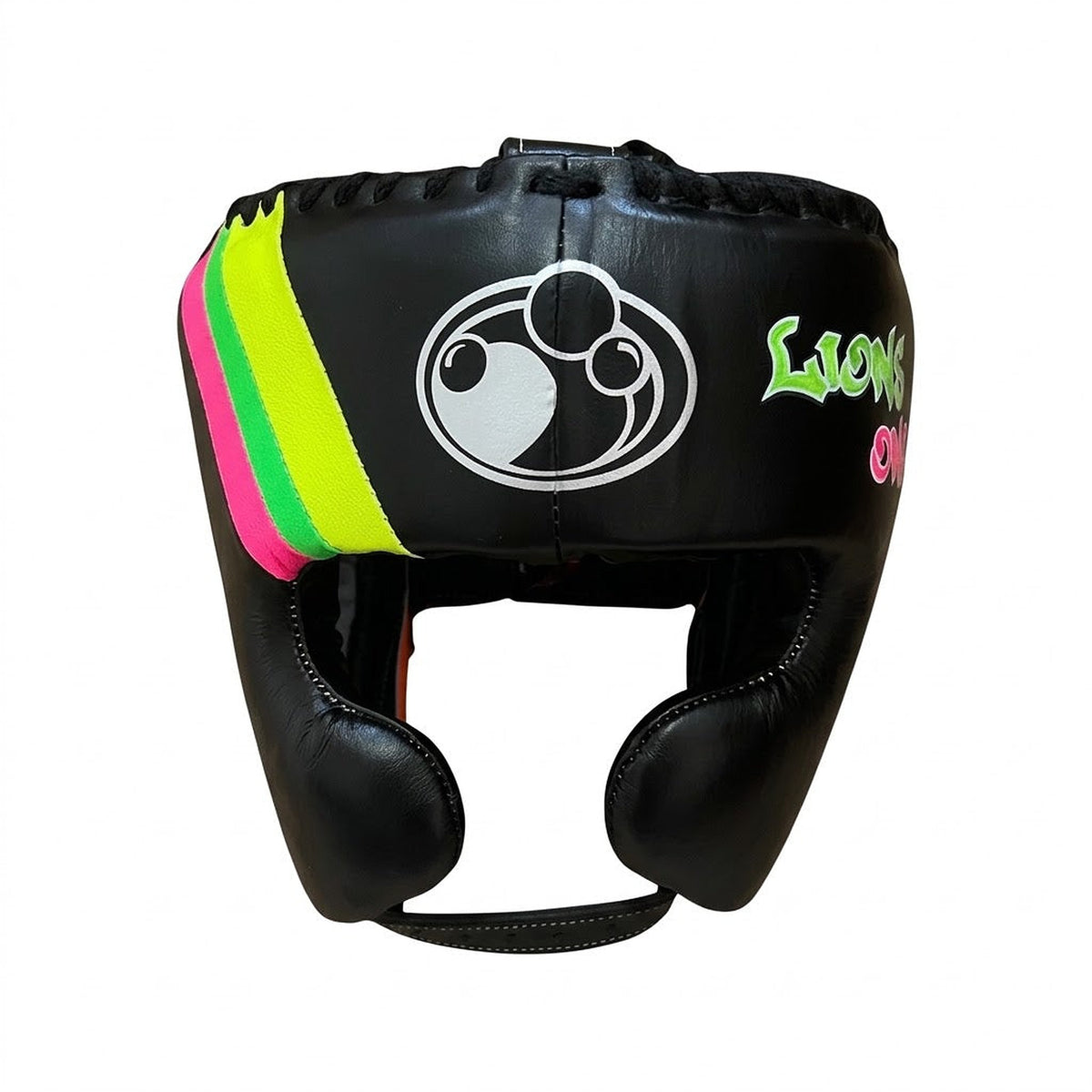 Grant black lace-up boxing gloves, headgear and groin guard with neon pink and lime green stripes - palm and closure detail