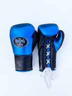 No Boxing No Life lace-up boxing set split black and metallic royal blue, with headgear and groin guard - alternate angle
