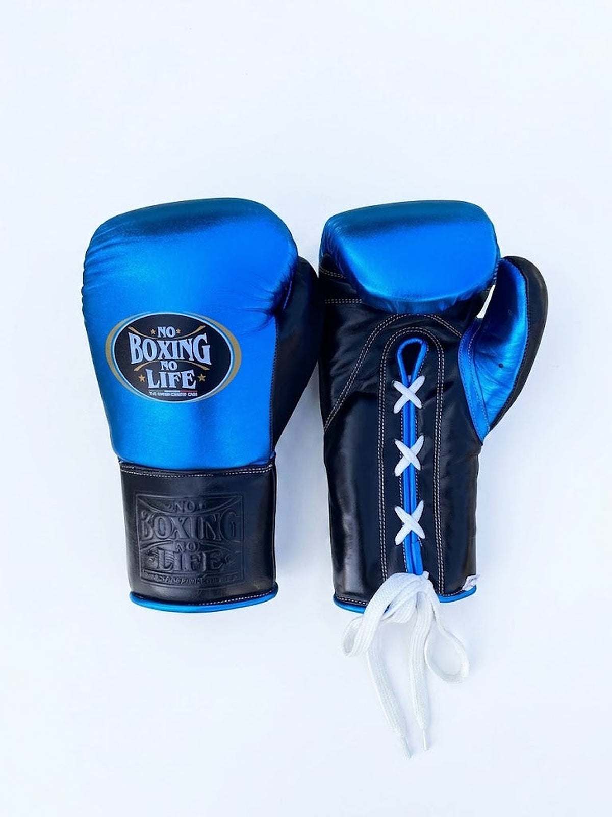 No Boxing No Life lace-up boxing set split black and metallic royal blue, with headgear and groin guard - alternate angle