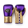 No Boxing No Life lace-up gloves with shiny metallic purple back, gold palm and gold cuff