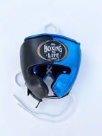 No Boxing No Life lace-up boxing set split black and metallic royal blue, with headgear and cup - palm and closure detail