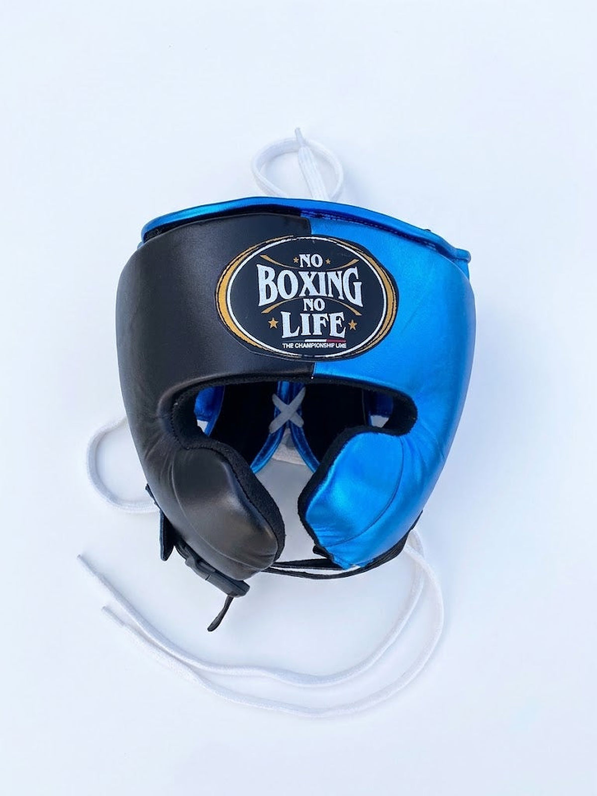 No Boxing No Life lace-up boxing set split black and metallic royal blue, with headgear and cup - palm and closure detail