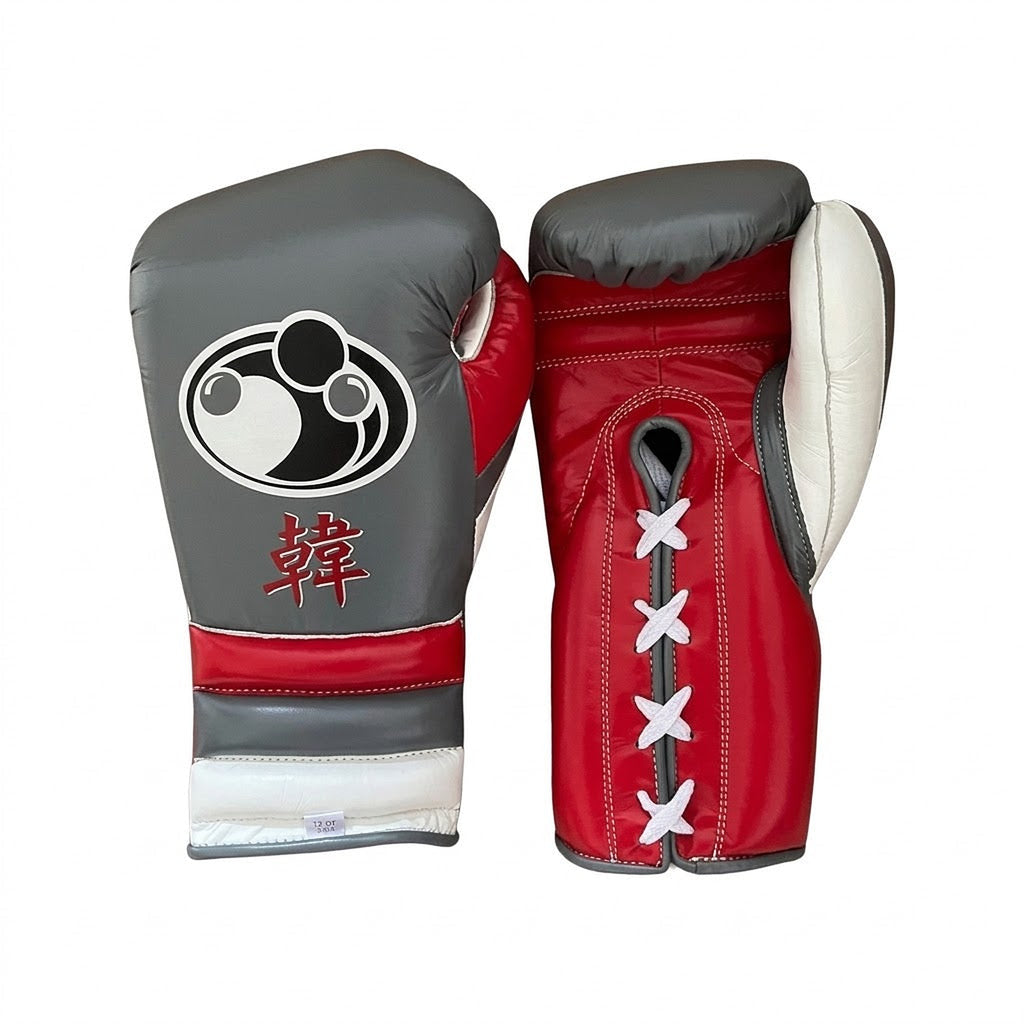 Grant boxing glove with gray back, red palm, white cuff and sample red character lettering print