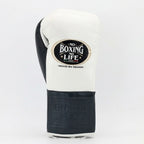 No Boxing No Life lace-up boxing gloves with white back and slate gray palm and cuff - palm and closure detail
