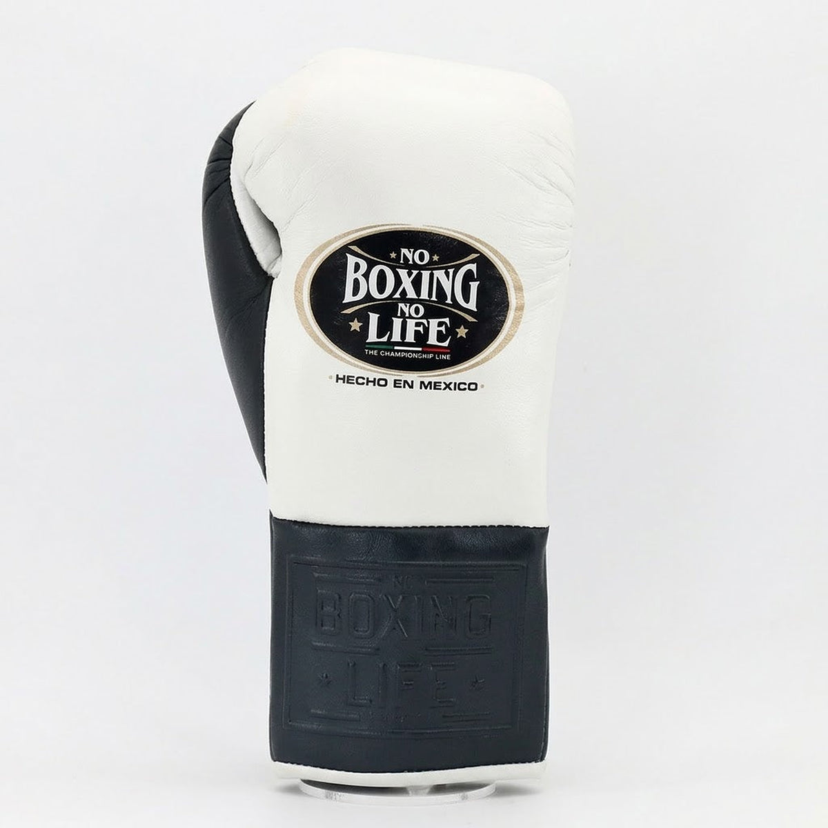 No Boxing No Life lace-up boxing gloves with white back and slate gray palm and cuff - palm and closure detail