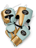 No Boxing No Life lace-up gloves, headgear and groin guard split half mint blue and half metallic gold