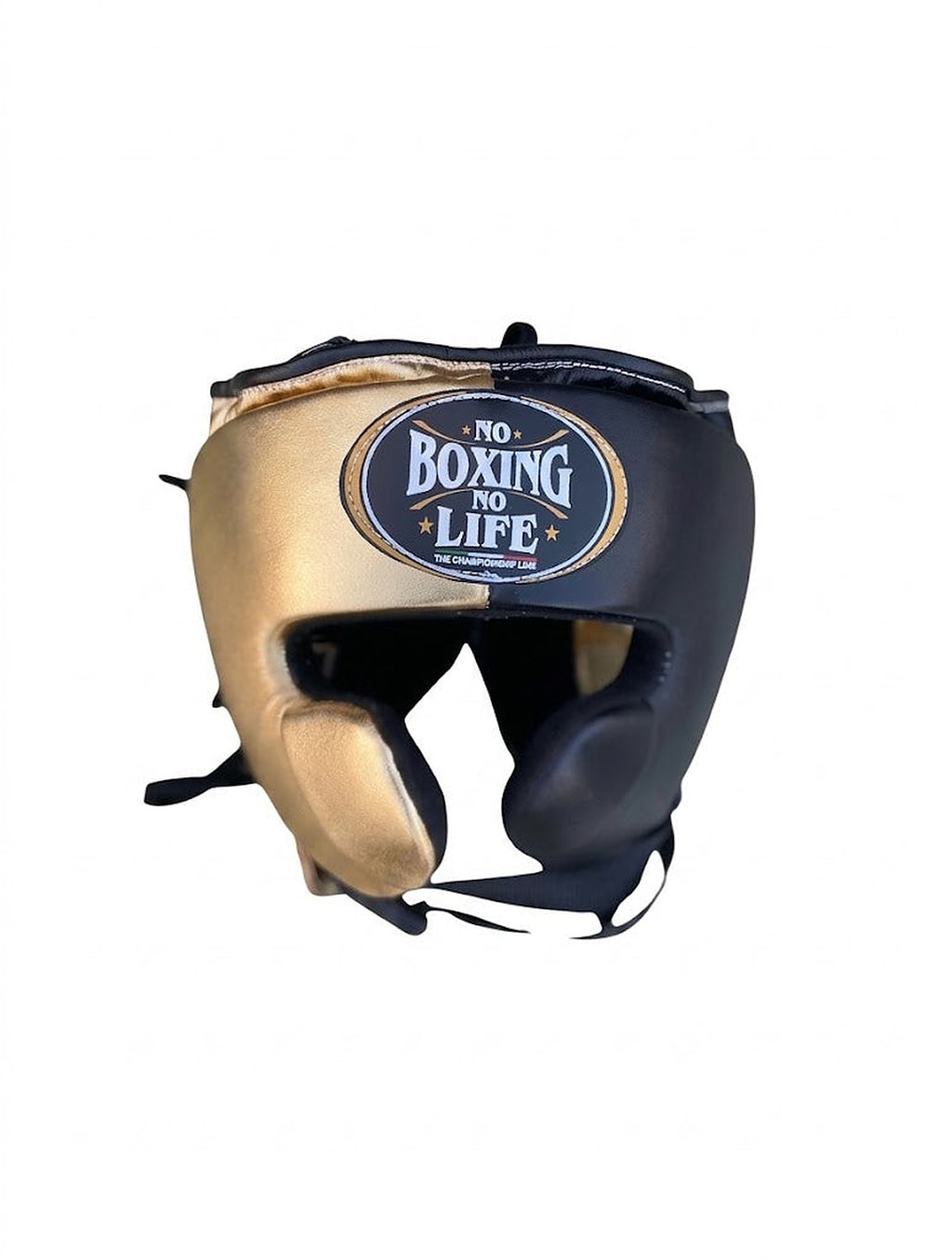 No Boxing No Life lace-up gloves, headgear and groin guard split between deep navy and champagne gold - side view