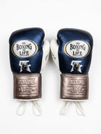 No Boxing No Life metallic royal blue lace-up gloves with champagne cuff, mascot logo and monogram - alternate angle