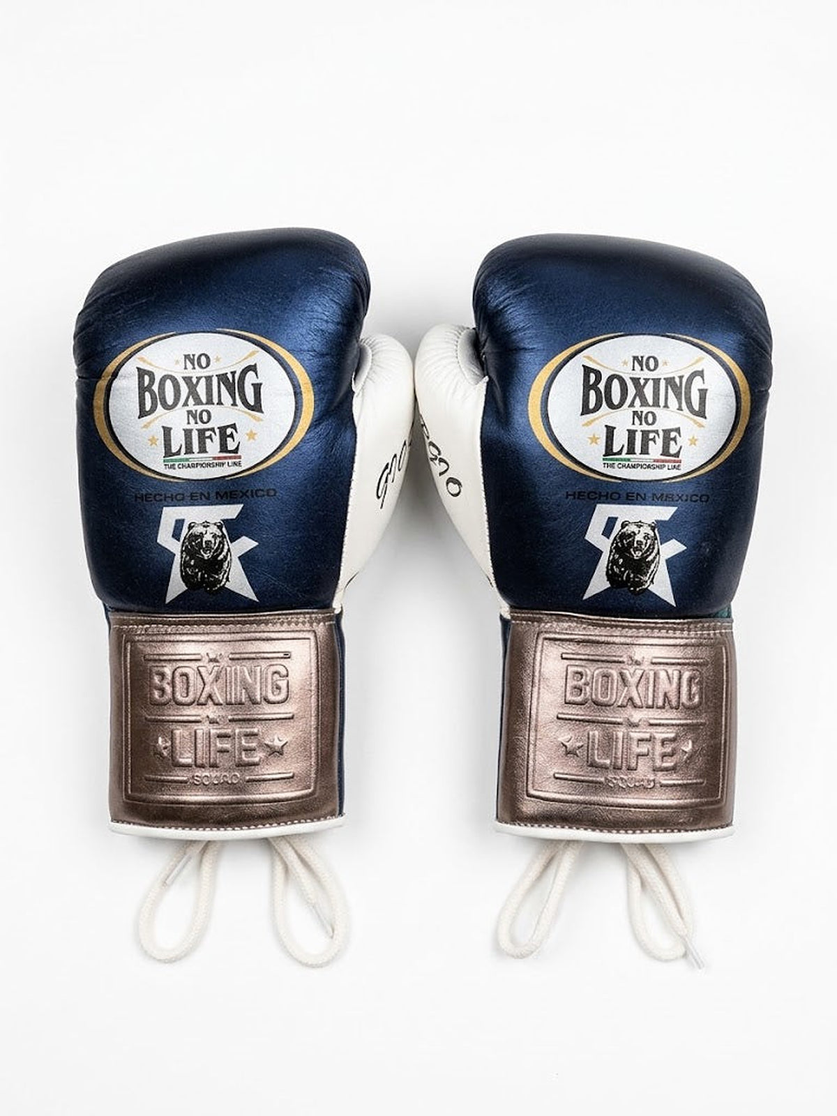 No Boxing No Life metallic royal blue lace-up gloves with champagne cuff, mascot logo and monogram - alternate angle