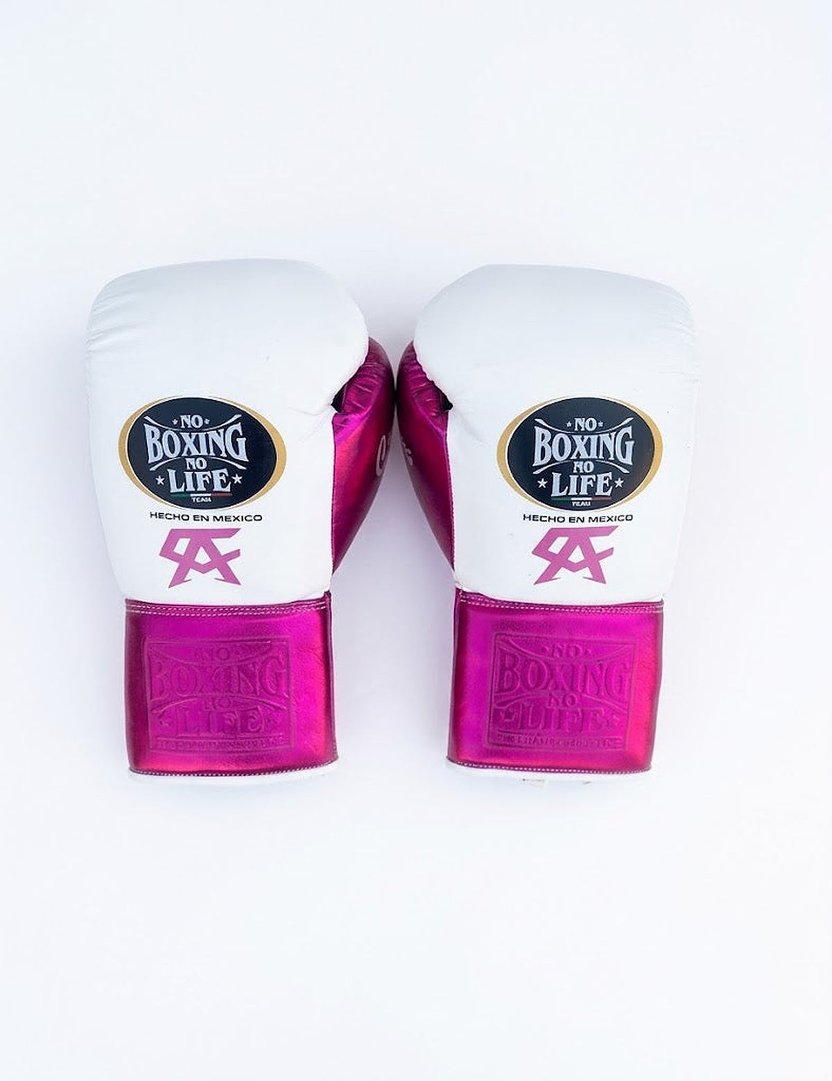 No Boxing No Life lace-up boxing gloves with white back and metallic fuchsia pink palm and cuff - side view