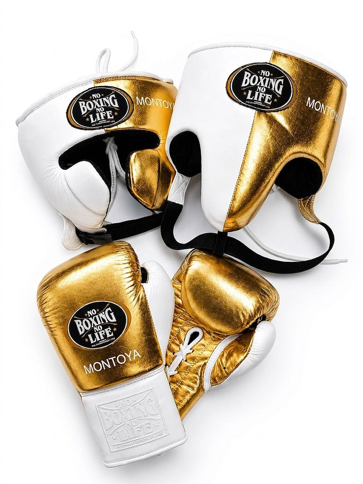 No Boxing No Life lace-up boxing gloves, headgear and groin guard split white and metallic gold