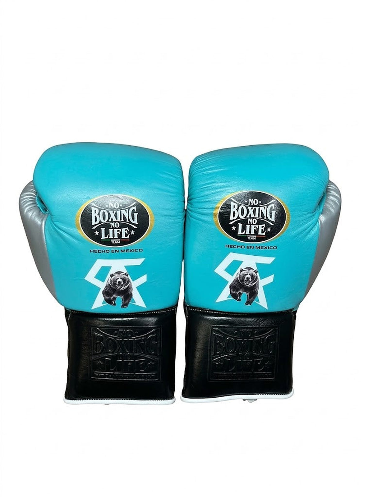 No Boxing No Life mint blue lace-up boxing gloves with black crocodile-embossed cuff and mascot logo - side view