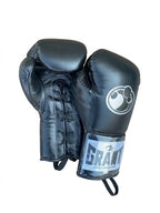 Grant full black lace-up boxing gloves with black laces and white logo on the cuff patch - alternate angle