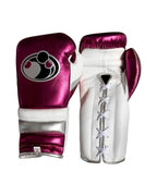 Grant boxing gloves with metallic wine red back, white palm and silver cuff band in lace-up style