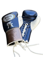 No Boxing No Life metallic royal blue lace-up gloves with champagne cuff, mascot logo and monogram - palm and closure detail