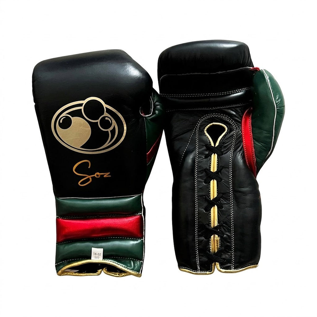 Grant all-black lace-up boxing gloves with green and red cuff bands, gold logo and gold lace eyelets