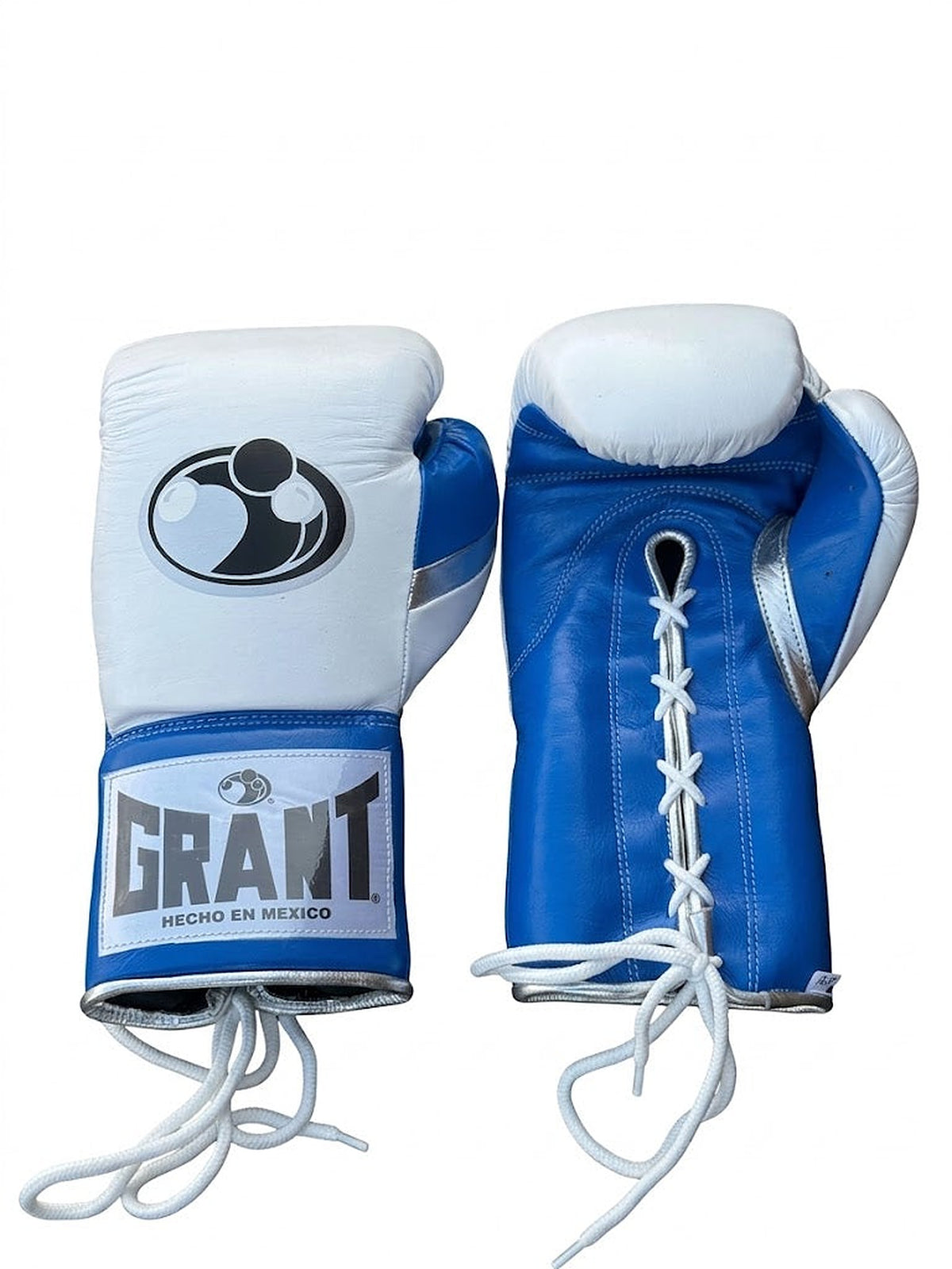 Grant boxing gloves with white back, shiny metallic blue palm and white laces in lace-up fight style - side view