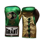 Grant metallic green lace-up boxing gloves with gold palms, with matching green headgear and groin guard - alternate angle