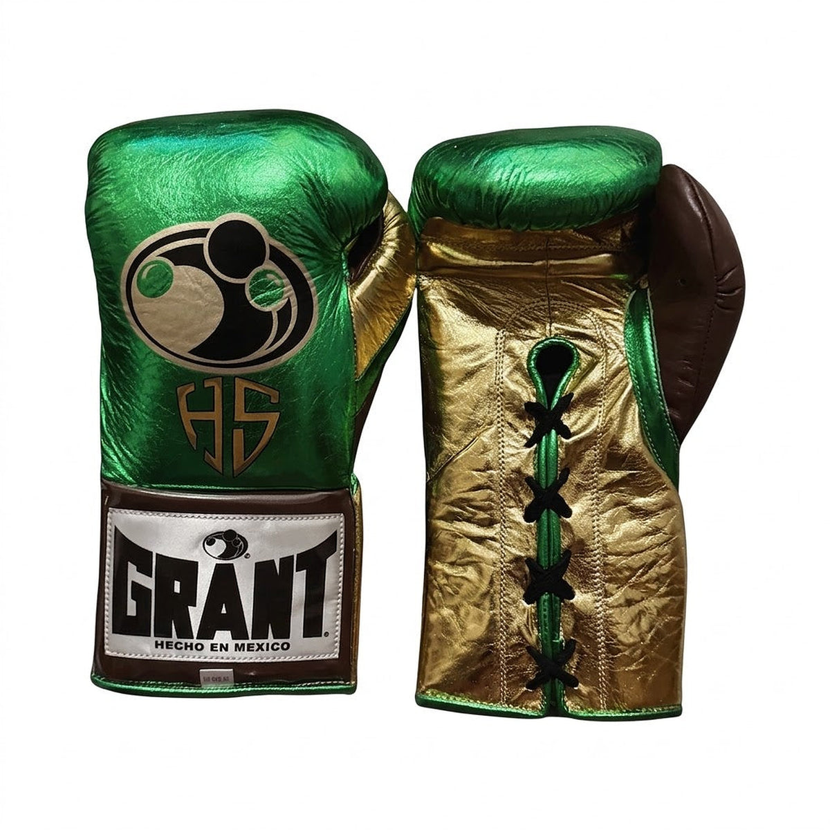 Grant metallic green lace-up boxing gloves with gold palms, with matching green headgear and groin guard - alternate angle