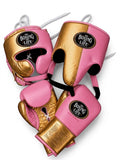 No Boxing No Life lace-up boxing gloves, headgear and groin guard split pink and metallic gold