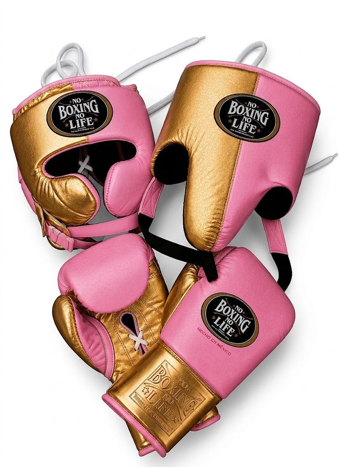 No Boxing No Life lace-up boxing gloves, headgear and groin guard split pink and metallic gold