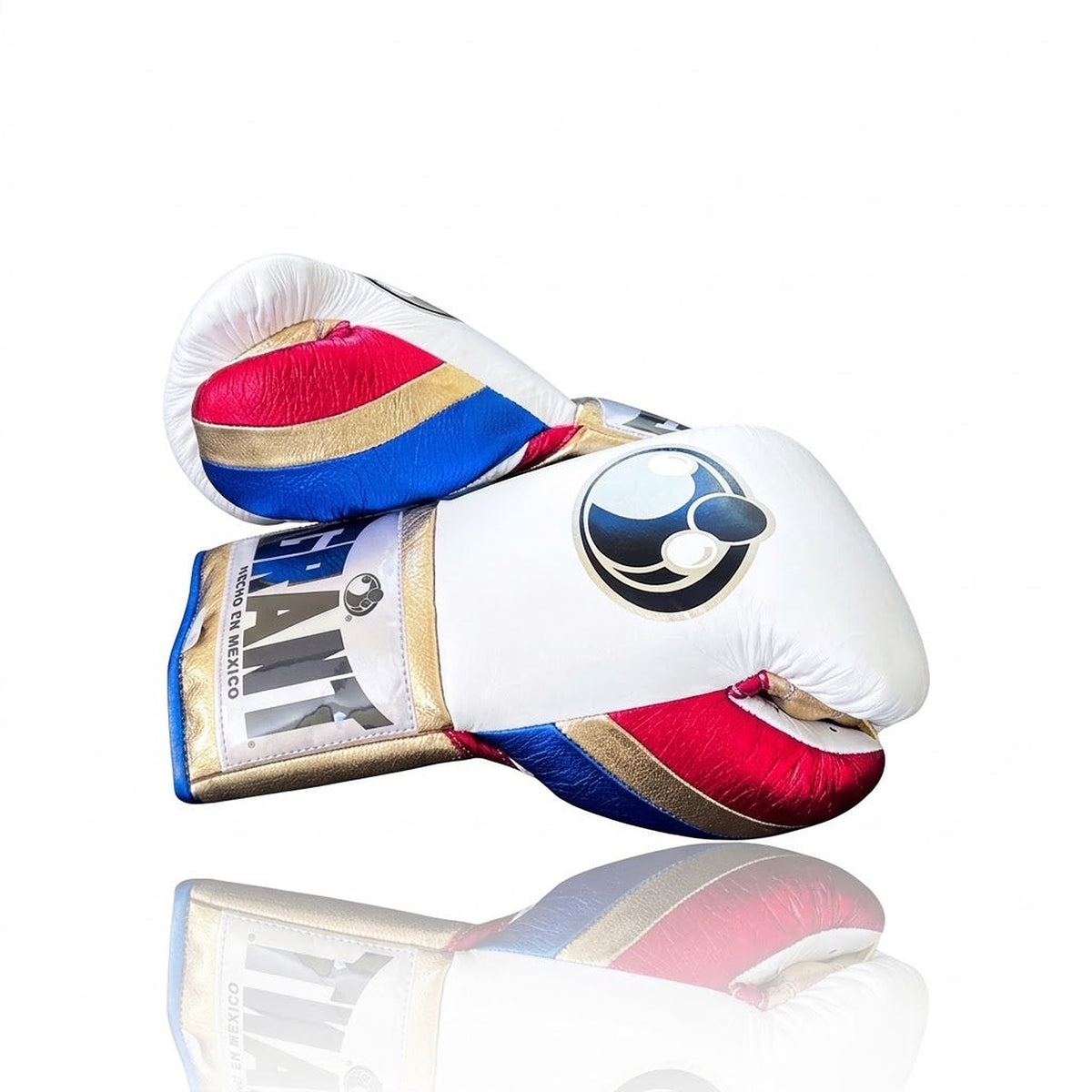 Grant white boxing glove with metallic gold palm, blue laces and red, white and blue thumb trim - side view