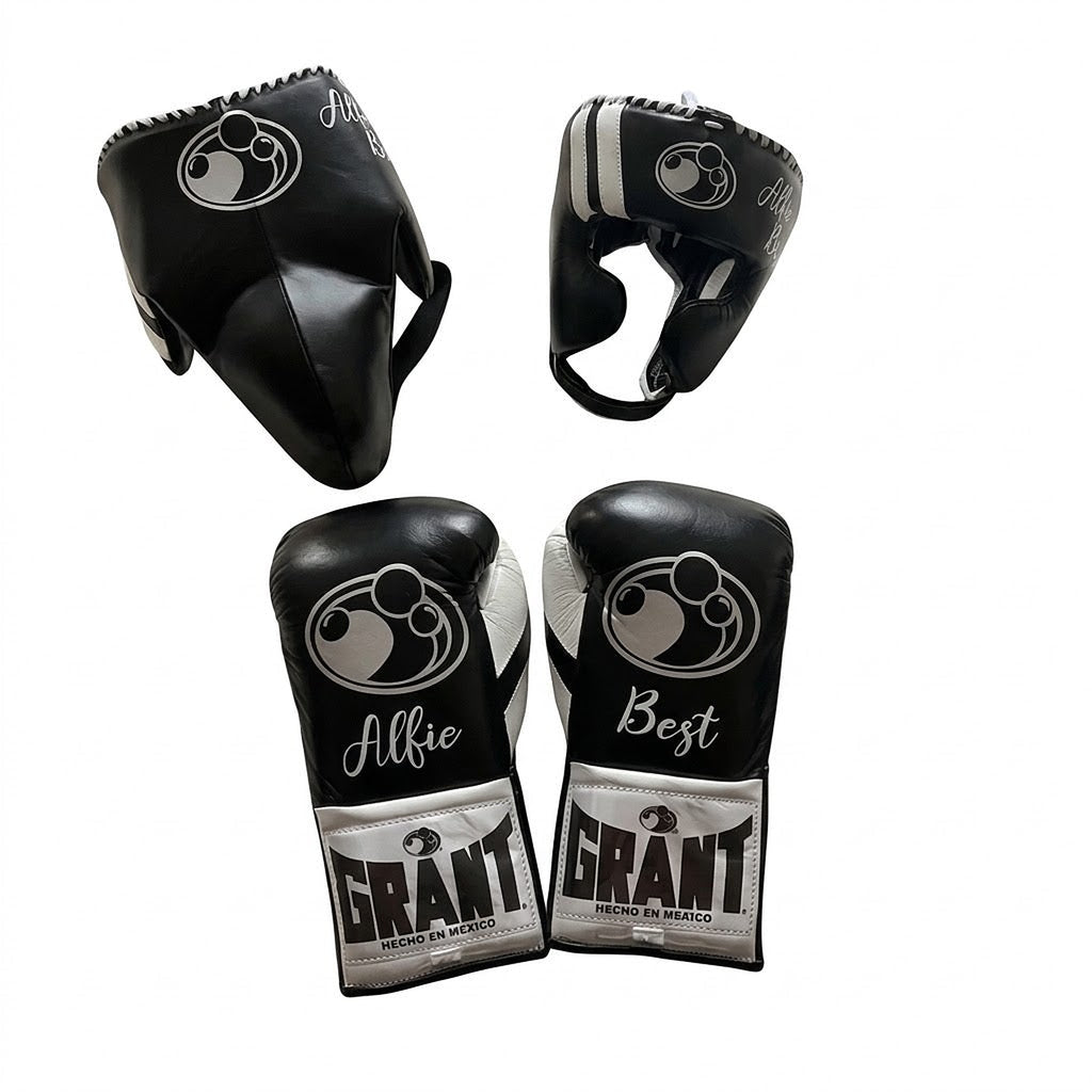 Grant black lace-up boxing gloves, headgear and groin guard with silver cuff patches and sample name prints
