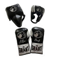Grant black lace-up boxing gloves, headgear and groin guard with silver cuff patches and sample name prints