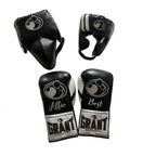 Grant black lace-up boxing gloves, headgear and groin guard with silver cuff patches and sample name prints