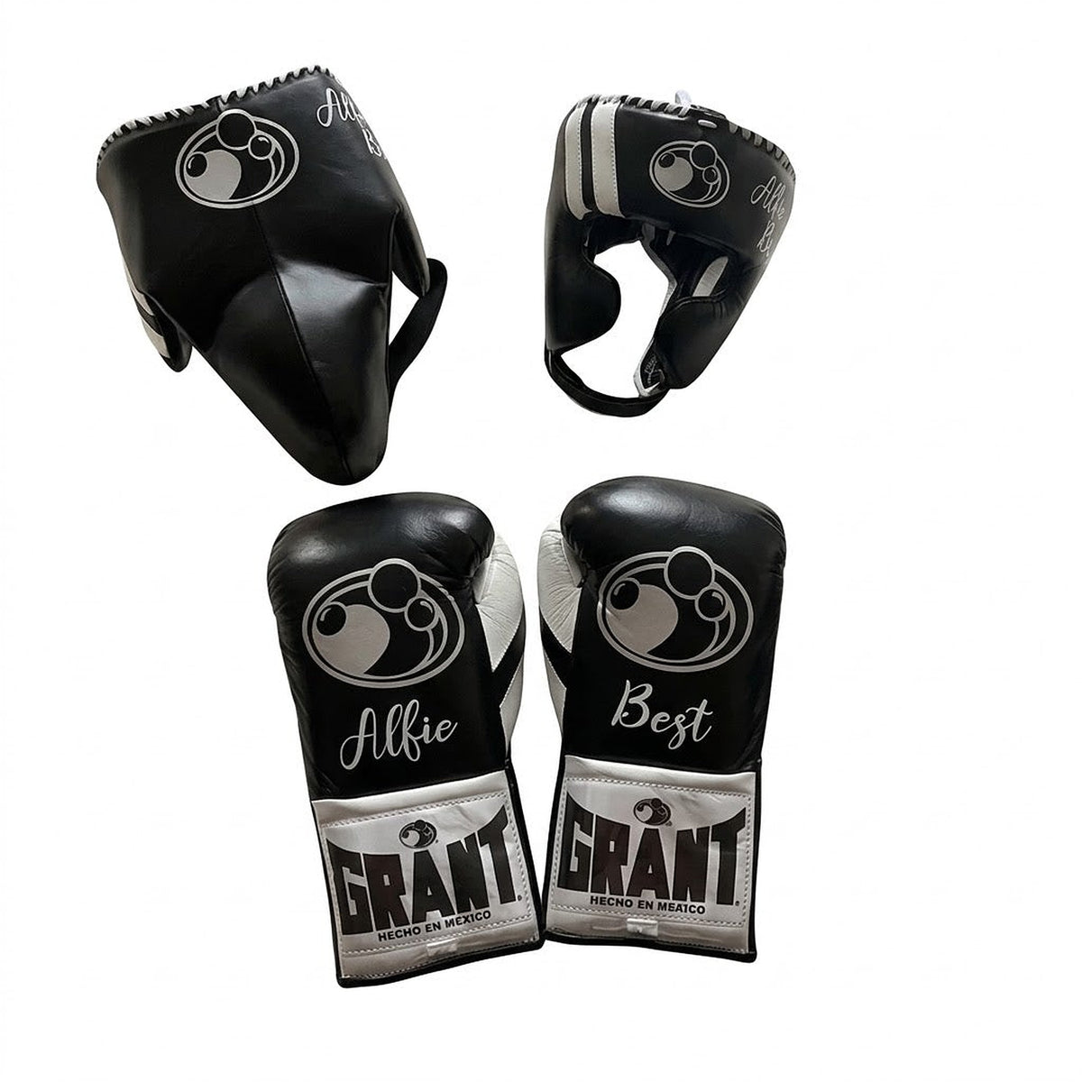 Grant black lace-up boxing gloves, headgear and groin guard with silver cuff patches and sample name prints