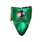 Grant metallic green lace-up boxing gloves, headgear and groin guard, black palms, gold name print - palm and closure detail
