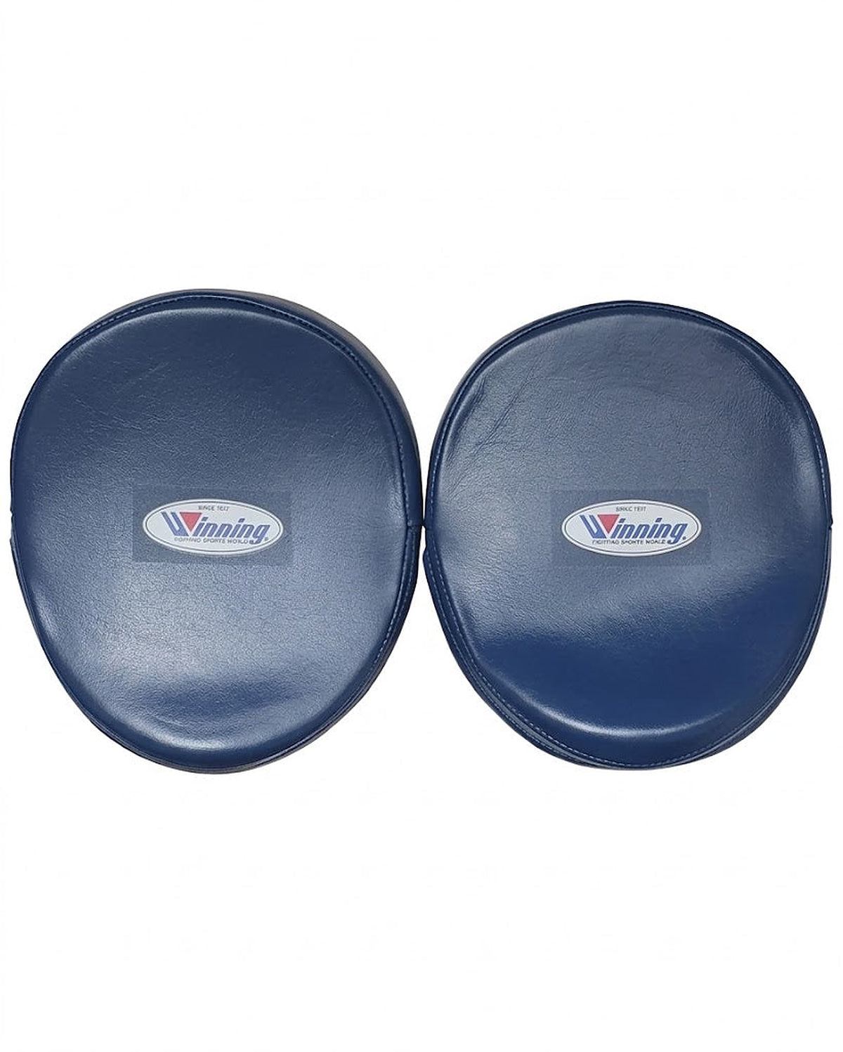Winning metallic silver curved focus mitts with navy rim around the striking face, shown as a pair - alternate angle