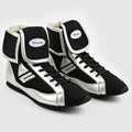 Winning RS-100 boxing shoes in black with metallic silver-white lower panels and white laces