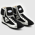 Winning RS-100 boxing shoes in black with metallic silver-white lower panels and white laces
