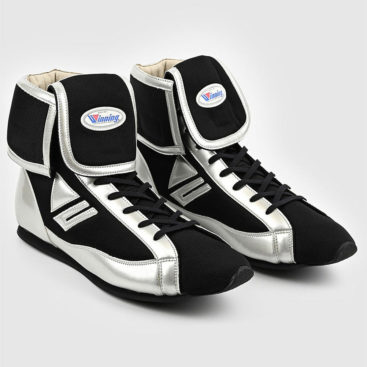 Winning RS-100 boxing shoes in black with metallic silver-white lower panels and white laces