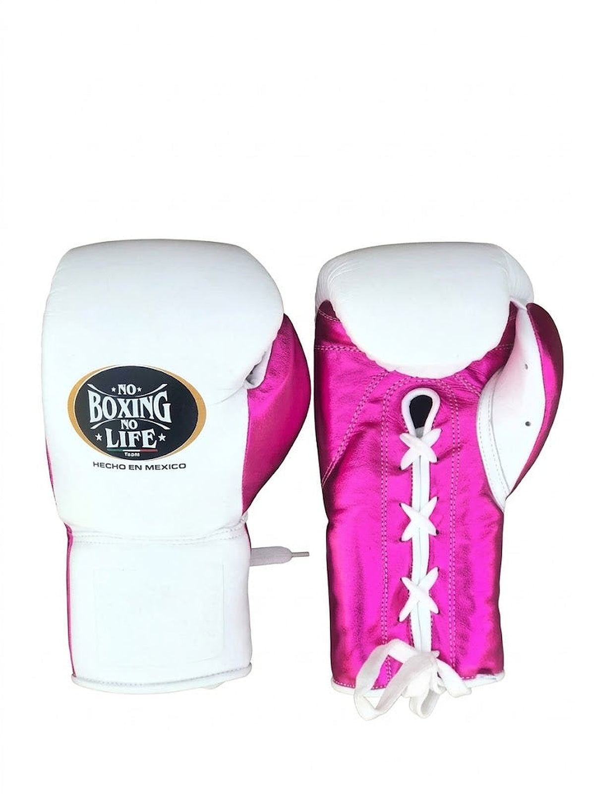 No Boxing No Life white boxing gloves with a shiny metallic pink palm and white lace-up wrist - palm and closure detail