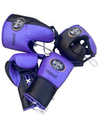 No Boxing No Life lavender purple boxing set with black accents, lace-up gloves, headgear and groin guard - side view
