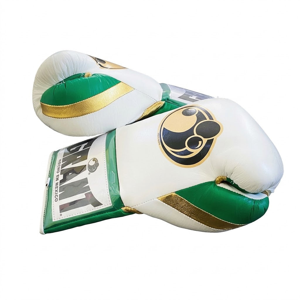 Small-size Grant boxing glove with white back and green palm, shown in lace-up style - side view