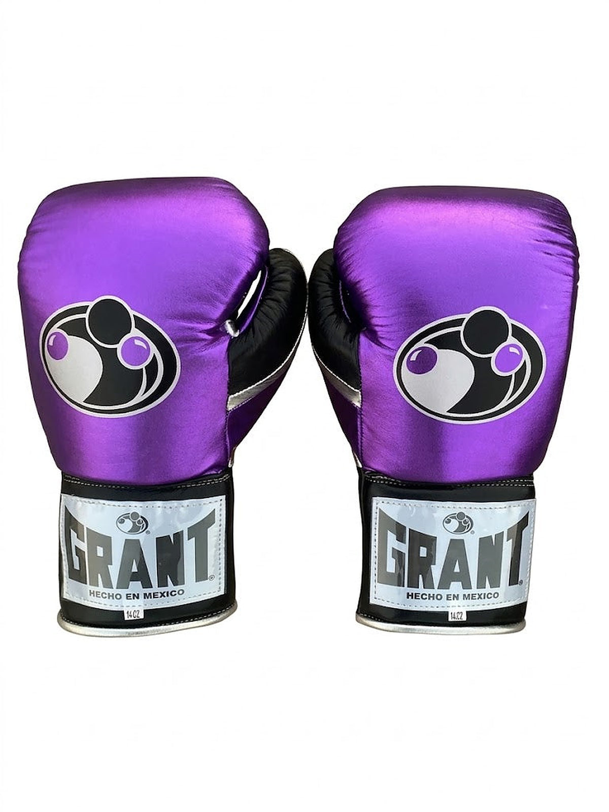 Grant boxing gloves with metallic violet back, black palm and black laces, shown in lace-up style - palm and closure detail