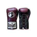 Grant lace-up boxing gloves with a deep plum-maroon back and black palm