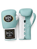 No Boxing No Life aqua mint lace-up boxing gloves with white palm and white laces